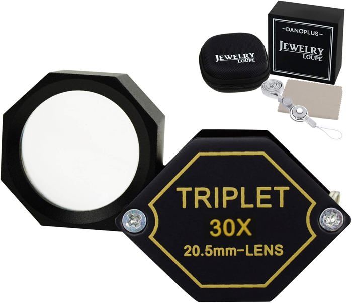 30x Loupe Bijoux Loupe LED UV Lumière 21mm Achromatique Triolet Lentille Optique Verre Poche