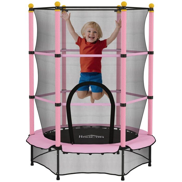 Trampoline Enfant HOMCOM Ø 140 × 190H m Filet de sécurité Porte zipée Couvre-Ressorts 6 poteaux rembourrés Inclus Rose