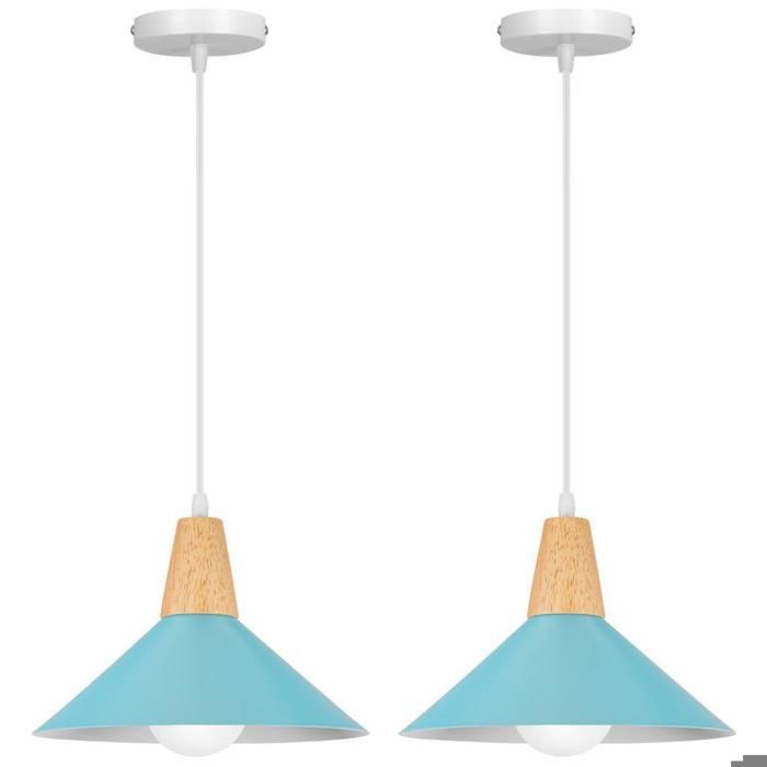 WOTTES Suspension en Bois et Métal - Bleu clair 2pcs Ø25cm - E27 - Design rétro Chapeau - Éclairage intérieur Lustre Cuisine