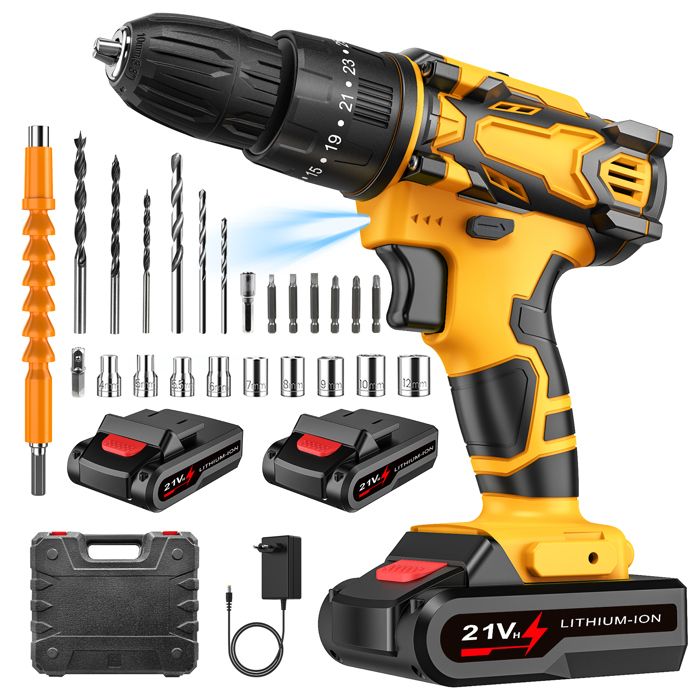 Perceuse Visseuse Sans Fil Brushless 16.8V – 2 Batteries 2000mAh, 50Nm, 20+3 Couples, Kit 34 Accessoires