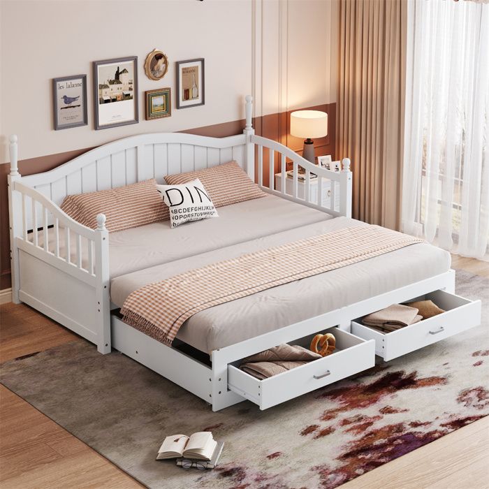 Lit Banquette 90x190 avec Sommier et Rangement Banquette Lit W180cm en Bois Massif Lit pour Adulte Colonnes Romaines Blanc