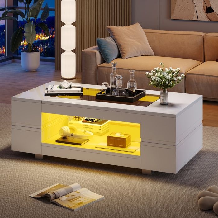 Table basse moderne avec LED Compartiment Rangement Rectangulaire Style Minimaliste Meuble de salon 100x50x35cm Blanc brillant