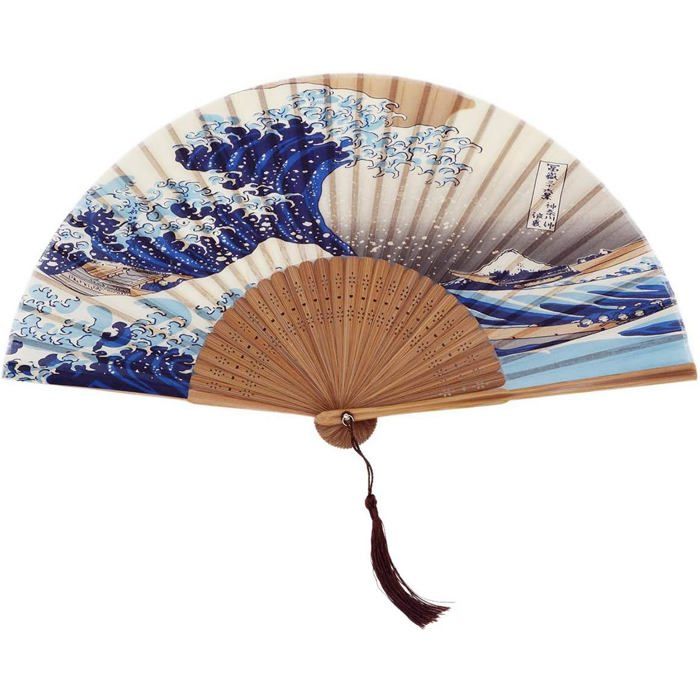 Éventail pliable - Fait main - Bambou et soie - Style vintage - Dimensions 35x21 cm - Couleur bleu