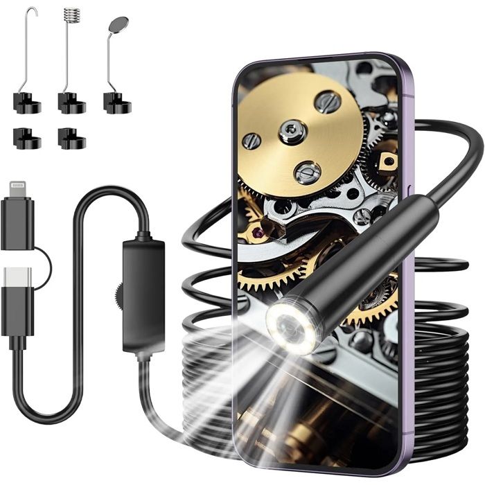 AOPICK Endoscope Caméra Endoscopique 5M - 1080P HD 3 En 1 USB Endoscope Camera D'inspection, Câble Semi Rigide, IP67 Étanche Avec 8 Lumières LED Sonde De 7,9 Mm Pour Android, IPhone(No WiFi
