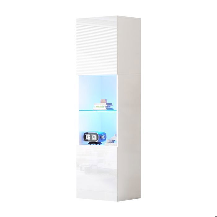 Vitrine blanc brillante avec éclairage LED 1 étagère en verre vitrines indépendantes armoires hautes de rangement 45x35x160cm