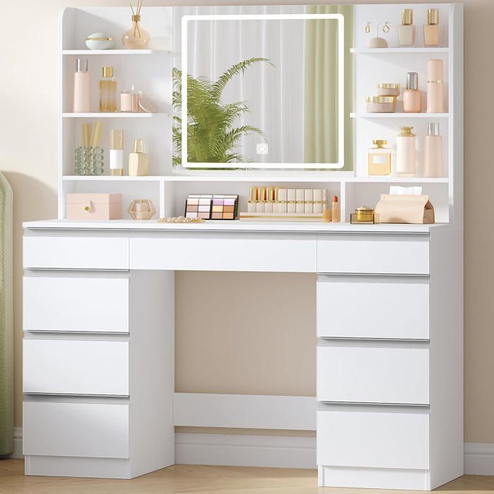 Grande Coiffeuse avec Éclairage LED 3 Couleurs Luminosité Réglable Miroir 9 Tiroirs 9 Étagères Ouvertes Blanc-Argent