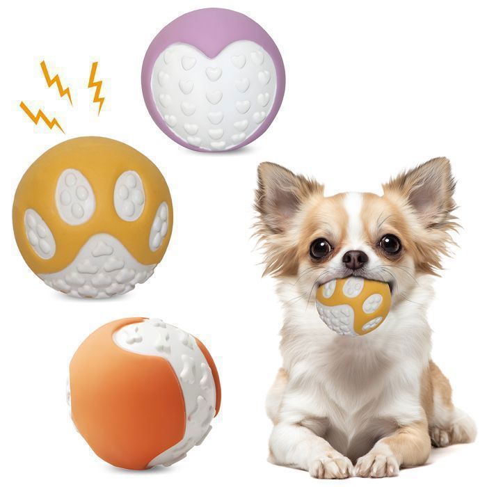 Meilleurs prix pour Jouet à mâcher chien en latex naturel balle interactive avec motifs cœur patte et os lot de 3 couleurs différentes