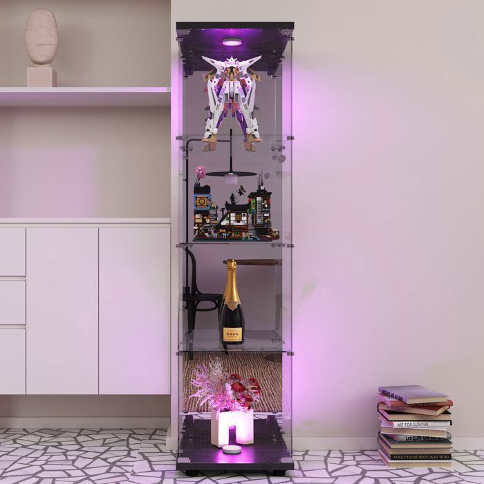 Vitrine en Verre - Vitrine avec Lumières LED et miroir - ADWOLT - 4 étagères et 1 porte - Verre Trempé - 42.5×36.5x164cm - Noir