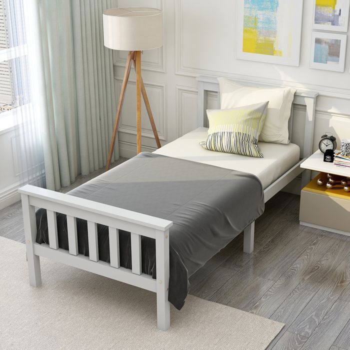 Lit Simple Cadre de Lit en Bois Massif 90x200 cm Blanc avec Sommier à Lattes Robuste Design Scandinave pour Adultes