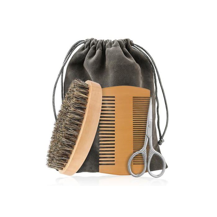 Kit Barbe 4pièces Brosse Poils Naturels + Peigne + Ciseaux Entretien Daily Cadeau Homme Pochette Voyage