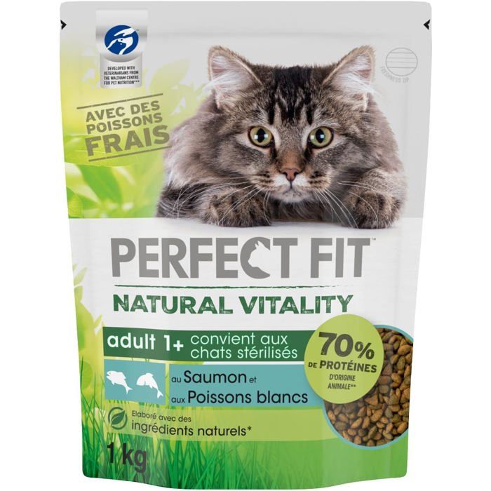 Croquettes pour Chat - PERFECT FIT - Natural Vitality - Saumon & Poissons Blancs - Lot de 6 Sacs 1kg