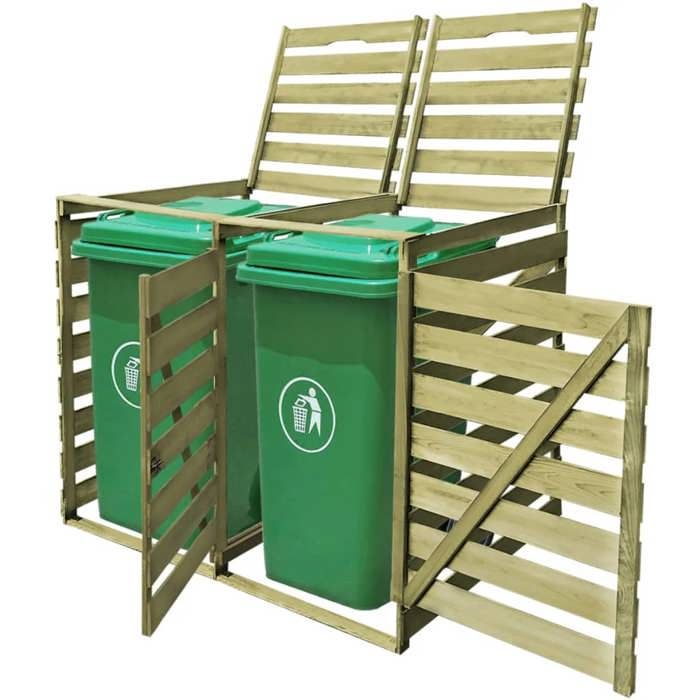 Abri pour poubelle double en bois - Happiness - 240 L - 142x92x120 cm - Pin imprégné - Résistant à leau