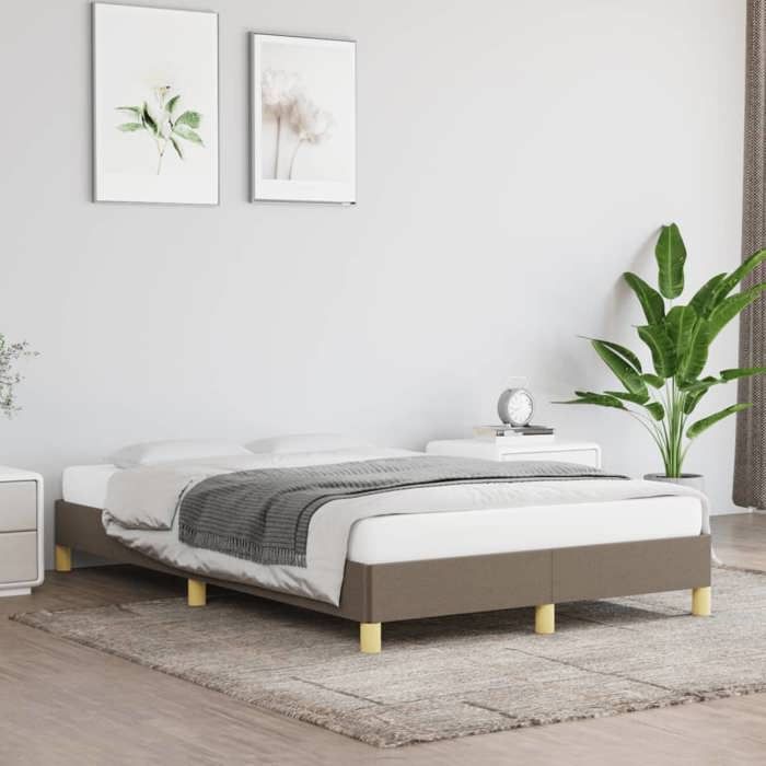 Cadre de lit en tissu - Happiness - 120x190 cm - Taupe - Tissu polyester - Contreplaqué - Bois de pin massif
