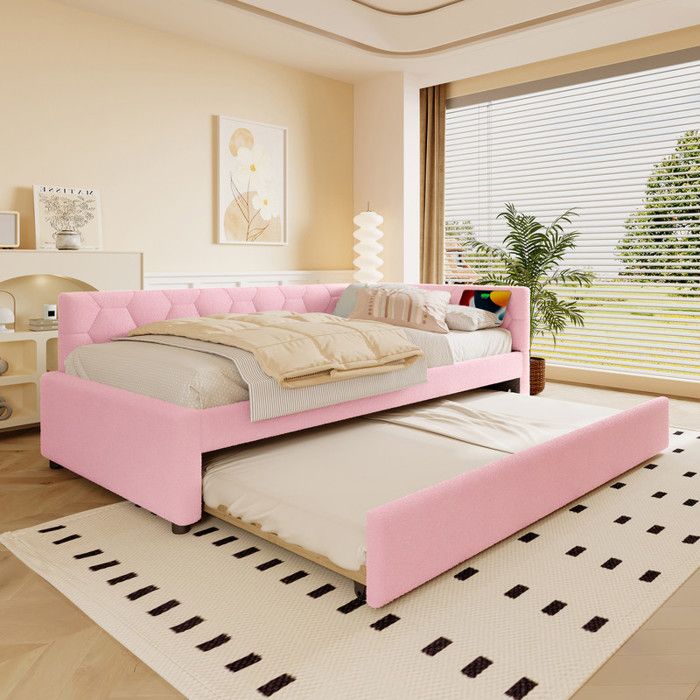 Lit de jour multifonctionnel - 90x200 cm - Imitation velours - Rose - Port USB et Type-C