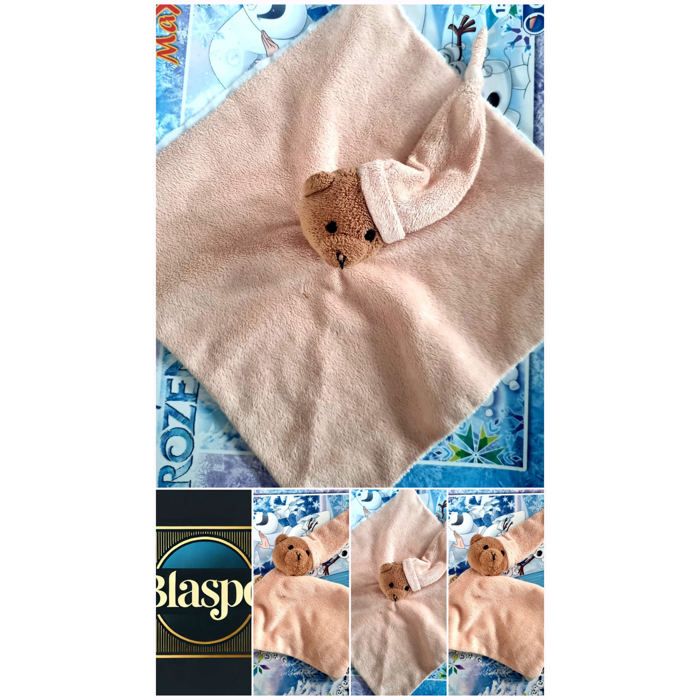 Doudou Bébé Ours Plat Jaune et Blanc avec Anneau Hochet