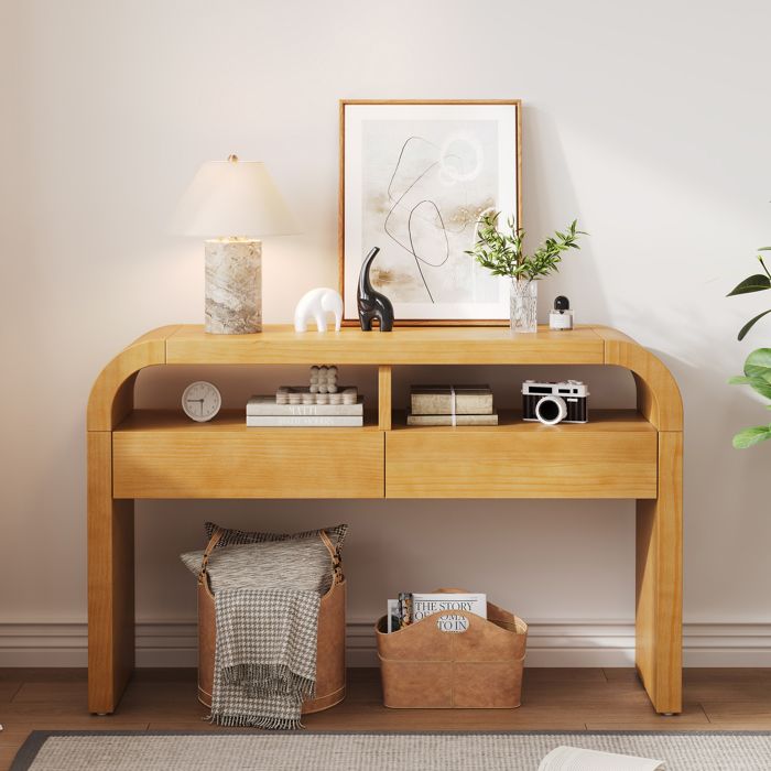 Table Console avec Tiroirs et Étagère Console d’Entrée Design Arrondi pour Salon ou Couloir 120x355x765 cm en Effet Naturel