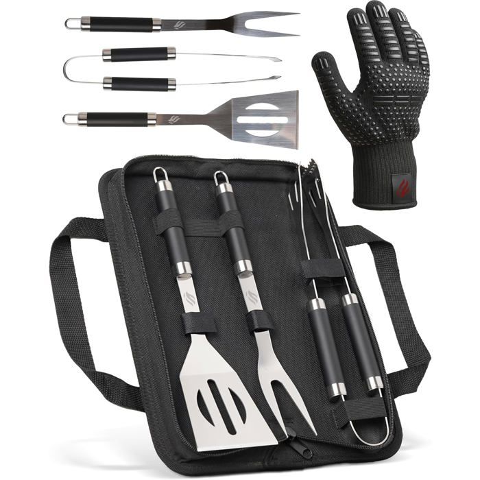 Kit Barbecue Professionnel 4 Pièces Inox Avec Gant Pince Spatule Et Fourchette Coffret Cadeau Homme