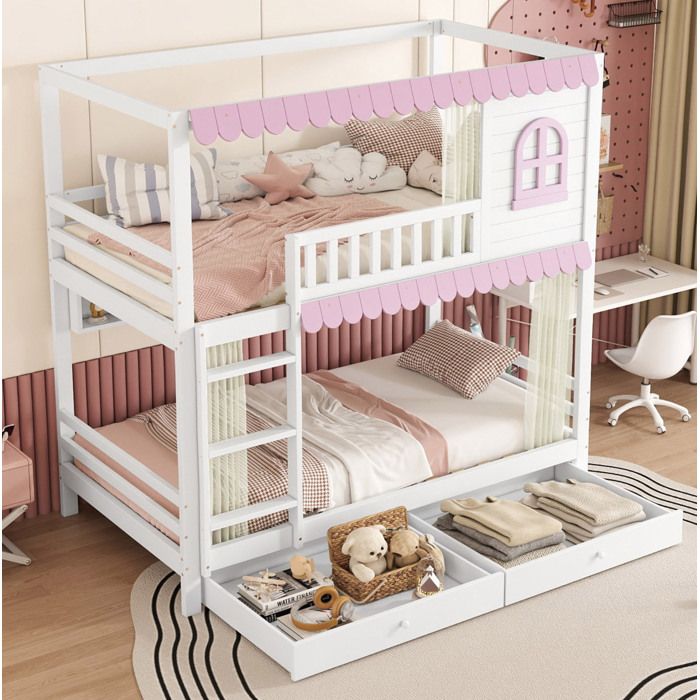 Lit superposé enfant blanc et rose 90×200 cm rangements intégrés sommier inclus sans matelas