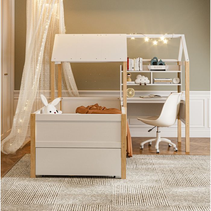 Lit maison enfant 90 x 200 cm EVRYAE avec bureau integre bibliotheque 2 tiroirs et sommier a lattes blanc
