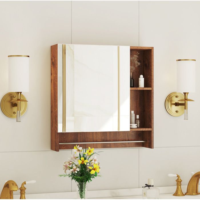 Meuble miroir salle de bain mural avec miroir intégré et étagères ouvertes - BEAUNIV - MDF aspect bois noyer marron
