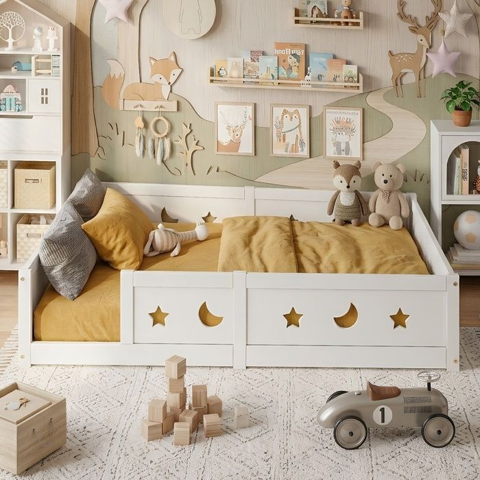 Lit au sol enfant 140x200cm - Barrière de sécurité - Motif étoile et lune - En Bois de pin massif Blanc