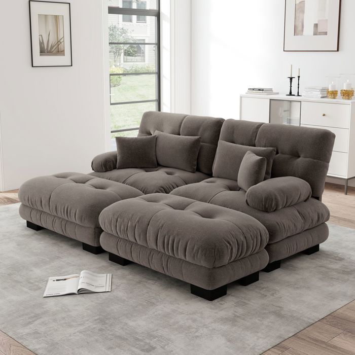 Canapé dAngle revêtement chenille 2 coussins lombaires larges accoudoirs 2 ottomans coloris marron