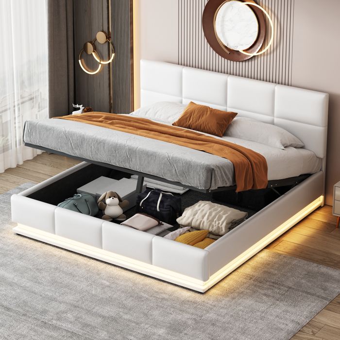 Lit coffre 160 x 200 cm 2 places avec éclairage LED sommier à lattes métalliques et coffre de rangement similicuir blanc