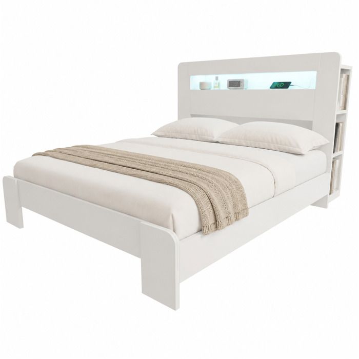 Lit plateforme bois blanc 140x200 tête de lit avec niches de rangement LED et prises