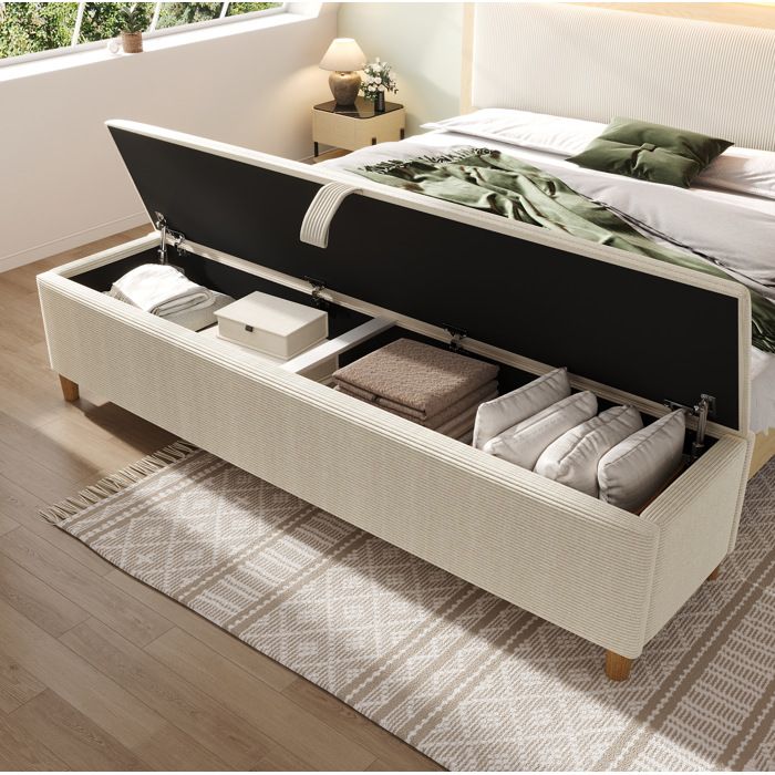 Banquette coffre banc de lit avec rangement hydraulique 145 x 38 x 46 cm en velours côtelé beige ORVRYN