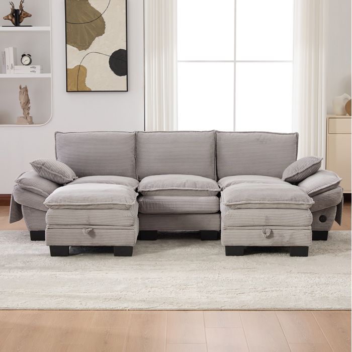 Canapé modulable 3 places en velours côtelé gris clair avec 2 poufs USB-C poches latérales