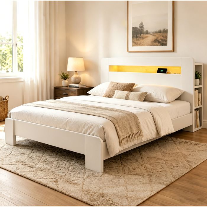 Cadre de lit plateforme 140 x 200 cm en bois blanc avec tête de lit rangement LED et prises intégrées