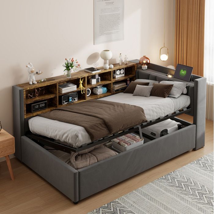VEVXYN lit simple adulte coffre hydraulique rangement 90 x 200 cm velours gris fonce veilleuse USB C et etageres