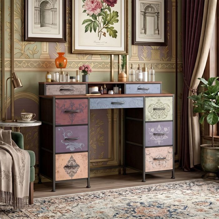 Coiffeuse Meuble 121x40x91cm Grand Rangement 9 Tiroirs Style Industriel Vintage Table Maquillage Bureau - Marron