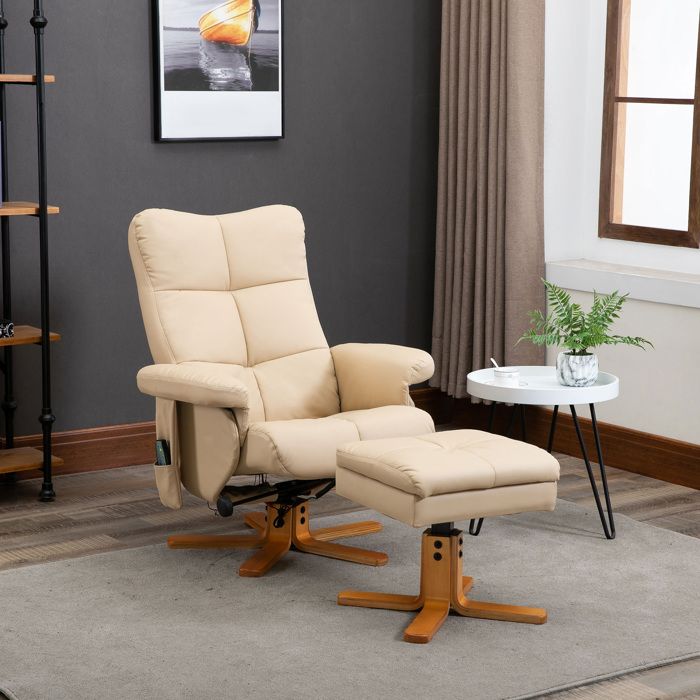 Fauteuil relax massant avec repose-pieds – polyester – blanc crème – inclinaison 145°