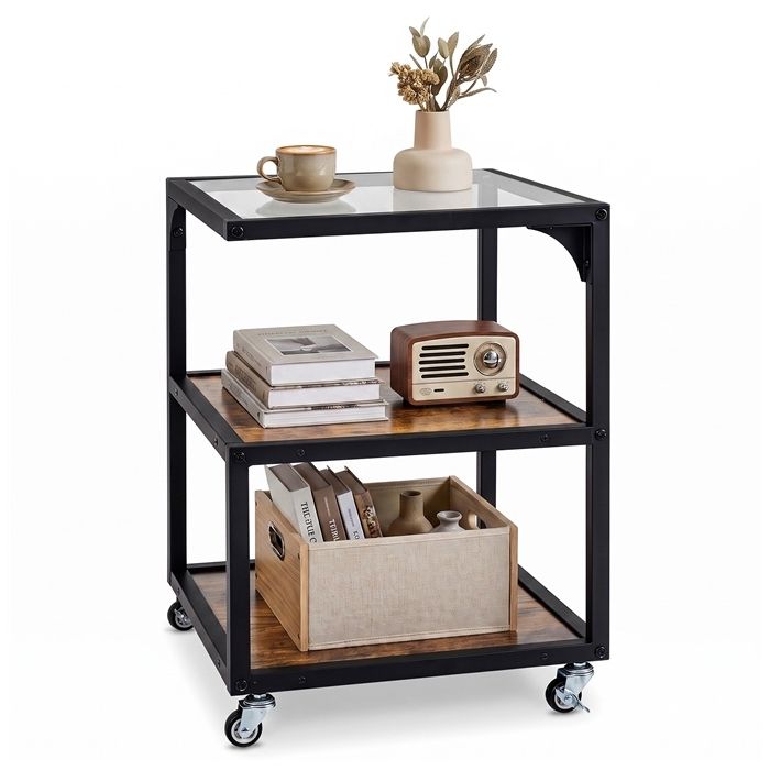 COSTWAY Table dAppoint à 3 Niveaux Verre Trempé Bout de Canapé Roulettes Freinées Cadre Métallique Salon Chambre Marron Rustique