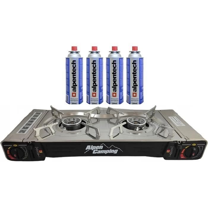 Réchaud Gaz 2 Feux ALPEN CAMPING 4400W, Allumage Piézo, Portable En Inox/aluminium