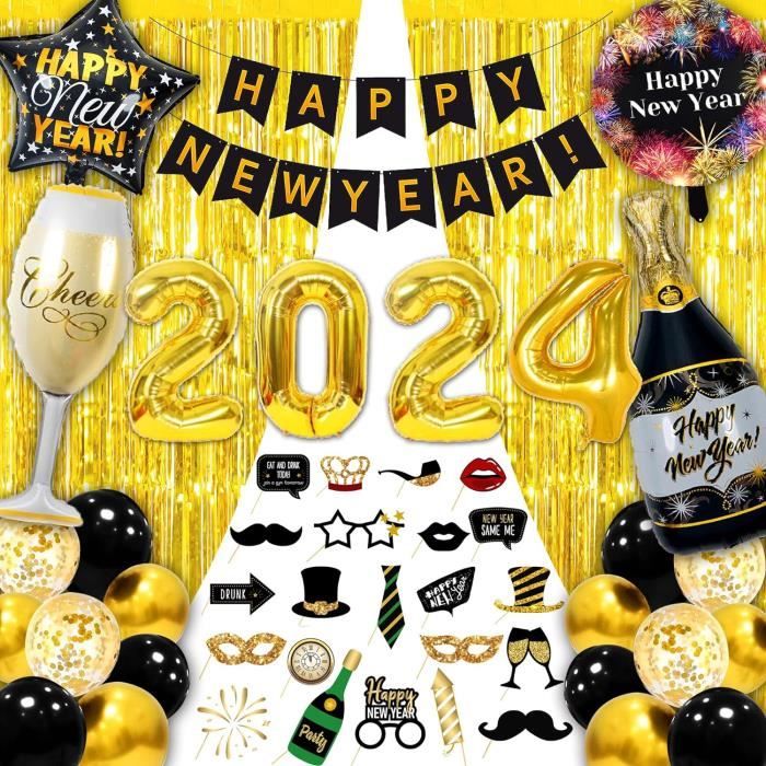 Deco Nouvel An 2024, Aluminium Chiffre Ballon Decoration Nouvelle Année  Avec Happy New Year Bannière, Kit Déco Jour De L An [u1375]