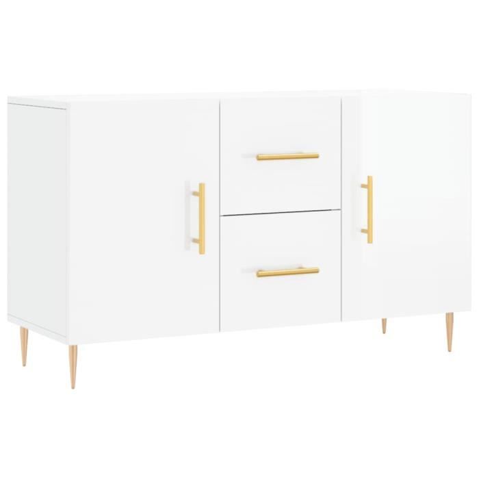 Buffet bas - Blanc - Brillant - 100x36x60 cm - 2 portes - Bois dingénierie