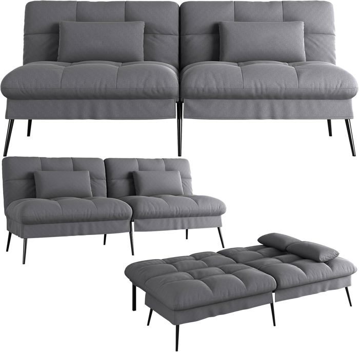 Canapé Convertible en Peluche canape 3 PlacesPieds en métal 174 * 55 * 72cmGris