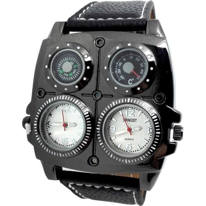 MONTRE MILITAIRE 4 EN 1 XXL 2 FUSEAUX HORAIRES + BOUSSOLE + THERMOMÈTRE NOIR TOP