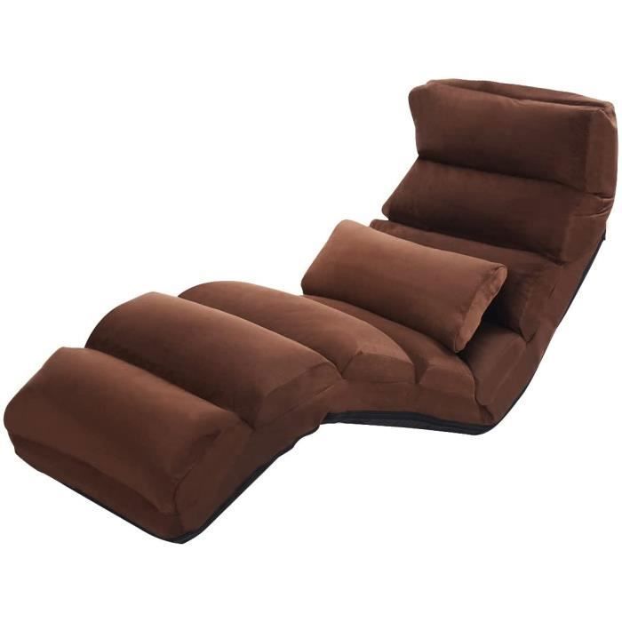 GOPLUS Fauteuil de Sol Fauteuil Relax Pliable avec Dossier Réglable sur 5 NiveauxCadre en Fer et Coussin pour Salon/Chambre Marron