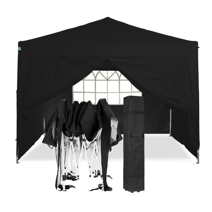 Tonnelle de Jardin 3x3m + 4 Pack Côtés avec 1 Fenêtres ECO Tube 30mm ALU & ACIER Bâche 220g-m²100% ÉTANCHE + Sac de Transport Noir