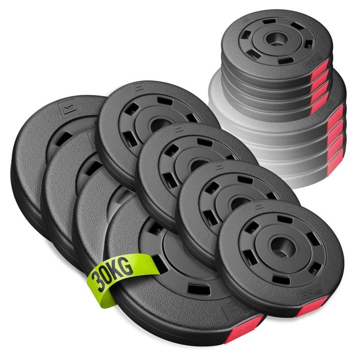 Disques de Poids en Plastique 30 kg Ø 31 mm Hop-Sport Disques dHaltères pour Musculation pour Barres 30 mm - 4x5 kg 4x25 kg