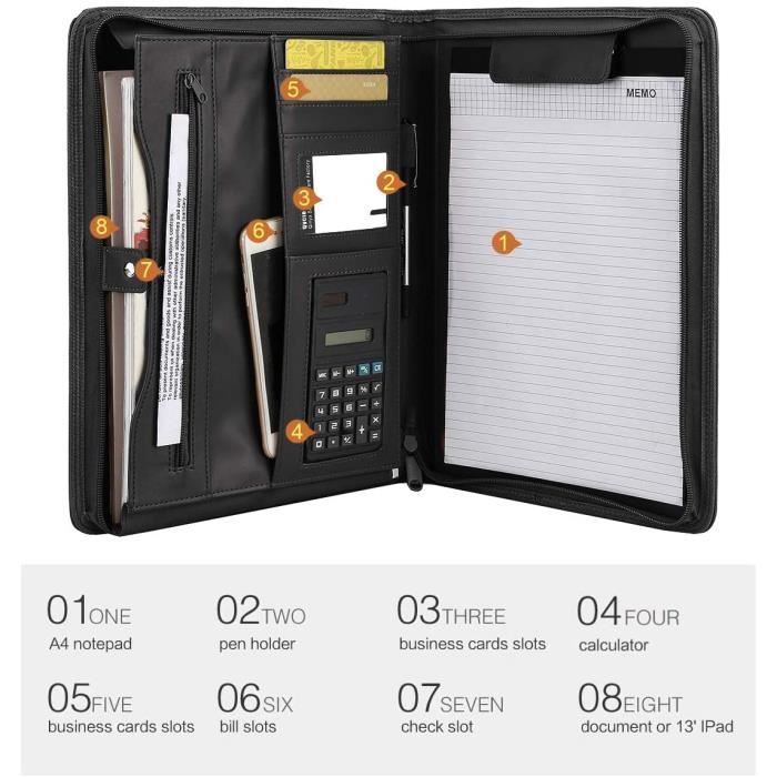 ITODA Agenda Portefeuille Cuir PU Multifonction A5/A6 - Avec Calculatrice, Zip Et Bloc-Notes - Idéal Bureau, École, Cadres