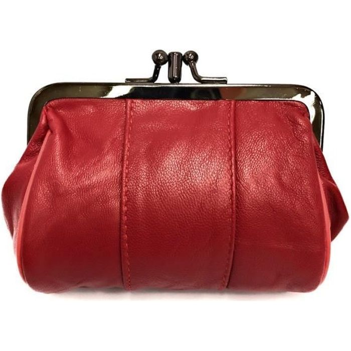 Porte-monnaie Femme Cuir Véritable souple - Bourse Fermoir Clic Clac - 2 Compartiments spacieux - Belle couleur -Rouge-LOLUNA®