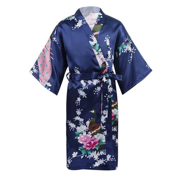 Oyolan Peignoir de Bain en Satin Fille Enfant Pyjama Kimono Japonais Imprimé Paon Florale Chemise de Nuit Sortie de Bain Noël Cadeau Anniversaire Sleepwear 3-14 Ans 