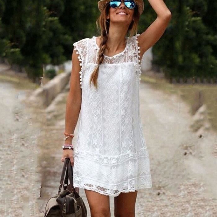 Robe d ete 2021 pour femmes Robe courte en dentelle sans manches Robe de plage femme Blanc Cdiscount Pret a Porter