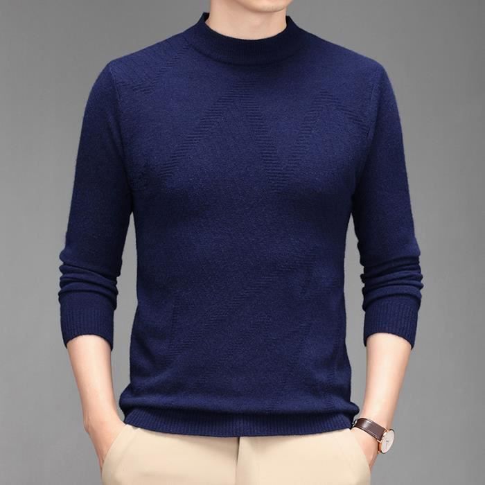 Pull en Tricot Homme Laine Col Mi-haute Tissu Doux Confortable Slim  Mi-Saison Bleu marine INSFITY