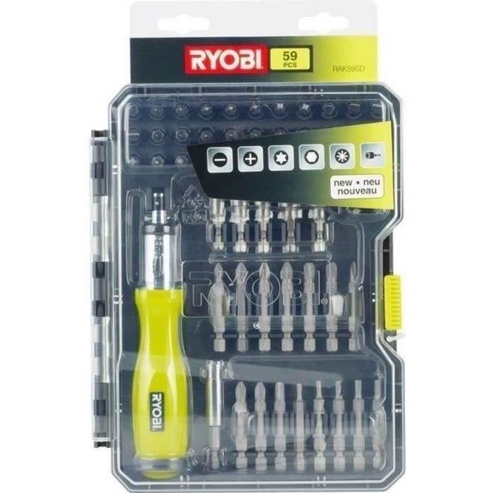 Coffret de vissage-boulonnage RYOBI 59 accessoires avec tournevis à cliquet RAK59SD