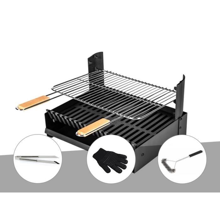 Barbecue charbon - Grilloir à poser Somagic + Pince en inox + Gant de protection + Brosse En T 48,5x57,5x28,5cm Noir